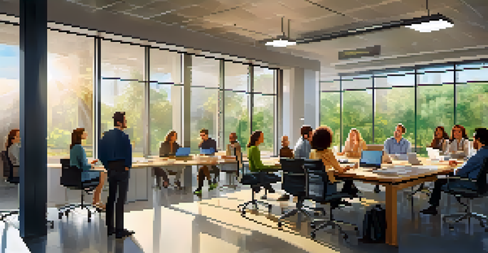 A diverse group of employees working together in a bright and modern office space.