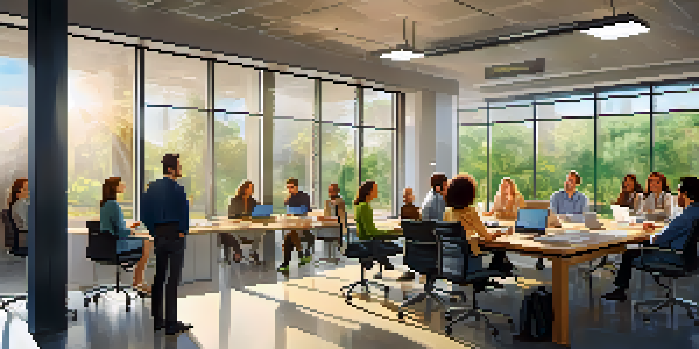 A diverse group of employees working together in a bright and modern office space.