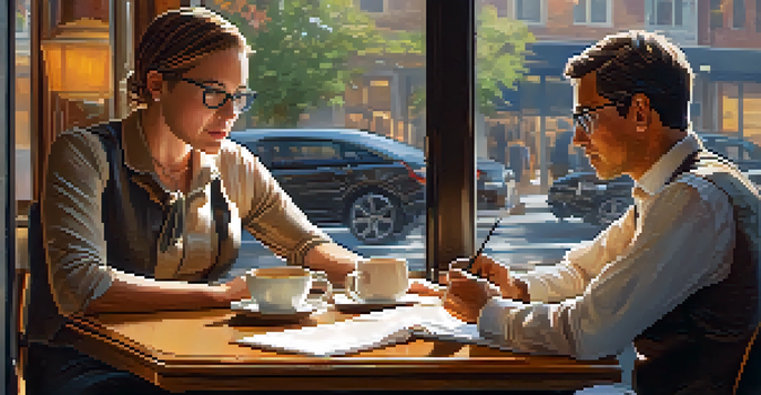 A mentor and mentee discussing career advice in a coffee shop, with notebooks and coffee cups visible.
