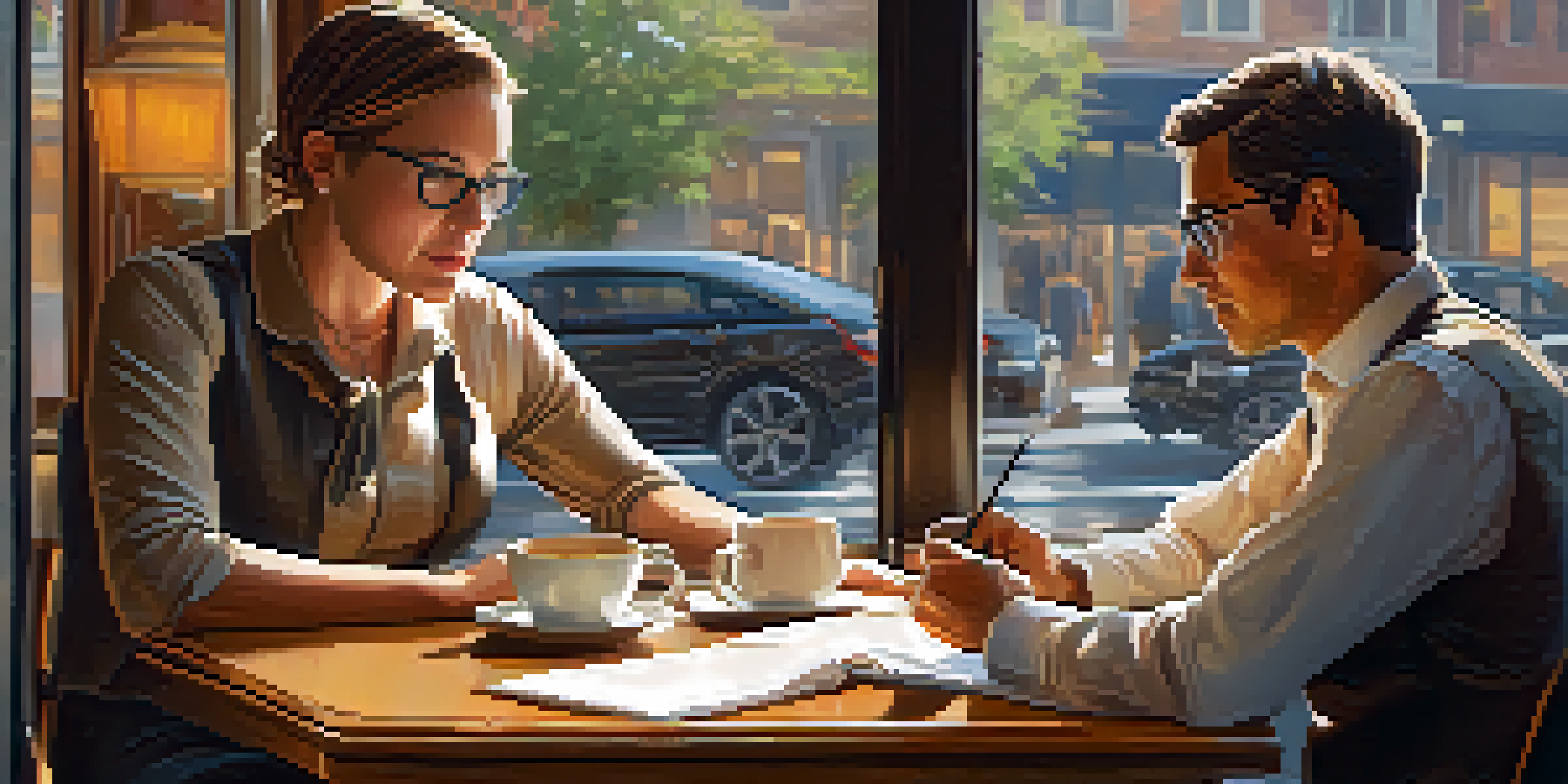 A mentor and mentee discussing career advice in a coffee shop, with notebooks and coffee cups visible.