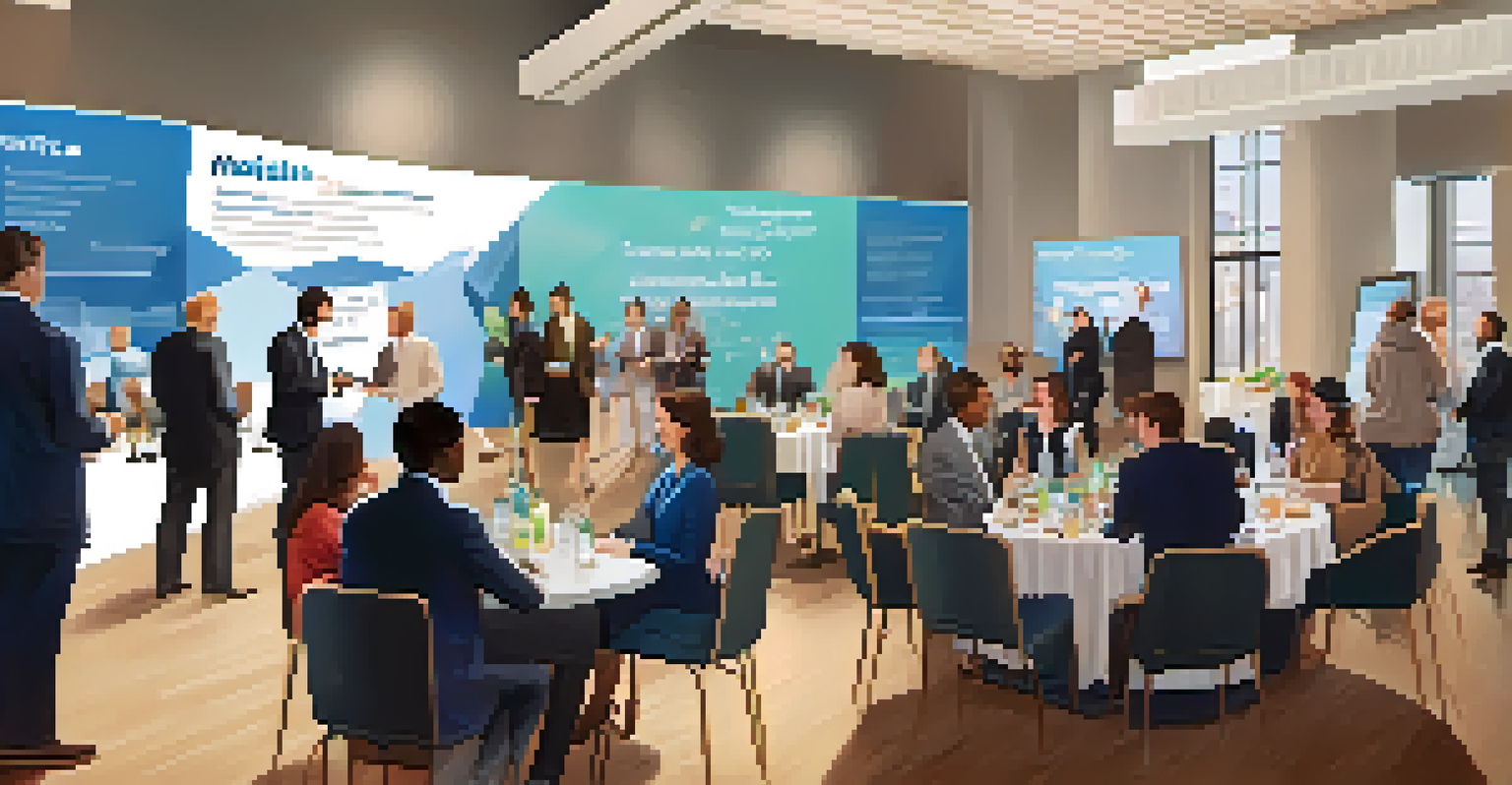 A networking event with diverse individuals exchanging ideas at round tables, promoting digital skills.