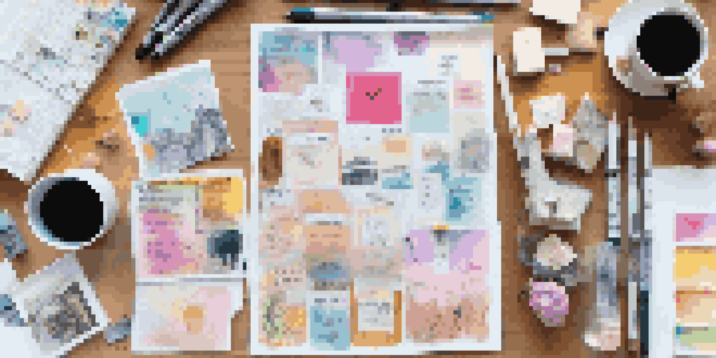 A vision board displaying colorful images and motivational quotes in a bright workspace.