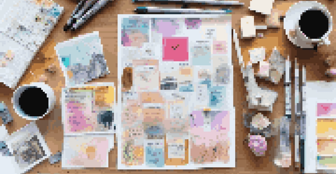 A vision board displaying colorful images and motivational quotes in a bright workspace.