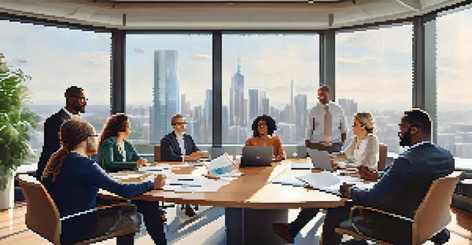 A diverse group of professionals engaged in a collaborative meeting, discussing ideas around a modern conference table with laptops and notepads, in a well-lit room with cityscape views.
