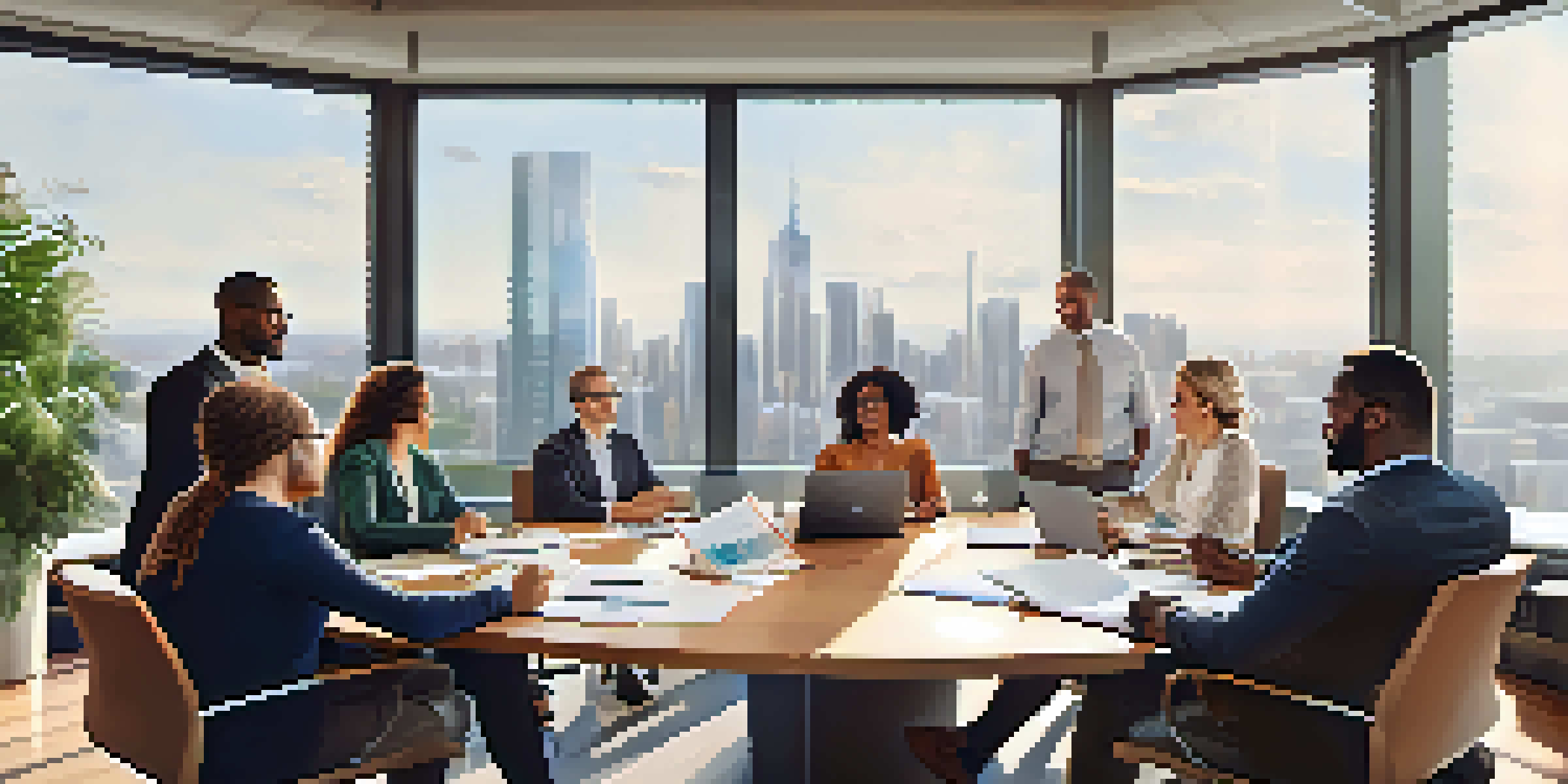 A diverse group of professionals engaged in a collaborative meeting, discussing ideas around a modern conference table with laptops and notepads, in a well-lit room with cityscape views.