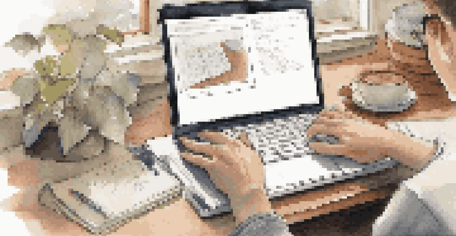 Close-up of hands typing on a laptop with a notepad and coffee on a wooden desk, highlighting a productive workspace for volunteer planning.