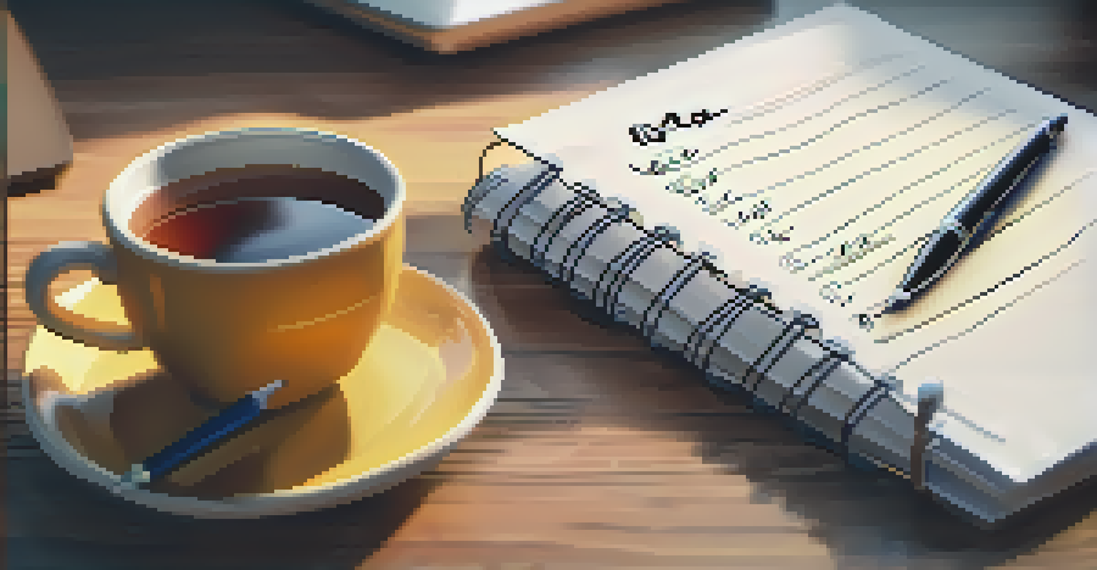 A notepad with a to-do list and a pen, with a blurred laptop and cup of tea in the background.
