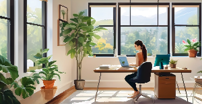 A young woman working in a stylish home office, sitting at a desk with a laptop and surrounded by plants and artwork.