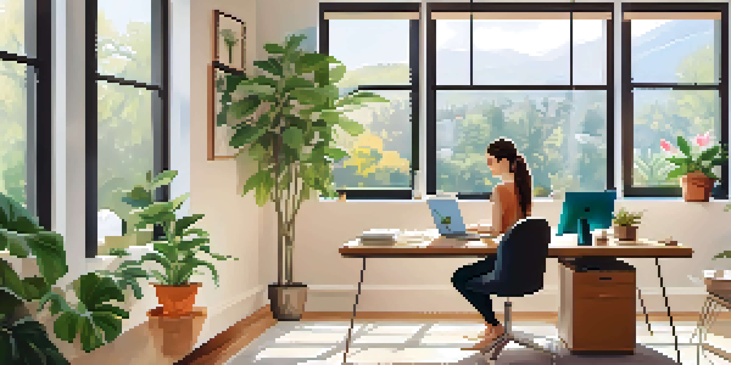 A young woman working in a stylish home office, sitting at a desk with a laptop and surrounded by plants and artwork.