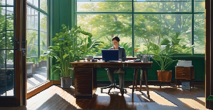 A person at a desk in a bright, plant-filled office, looking thoughtful amidst a peaceful atmosphere.