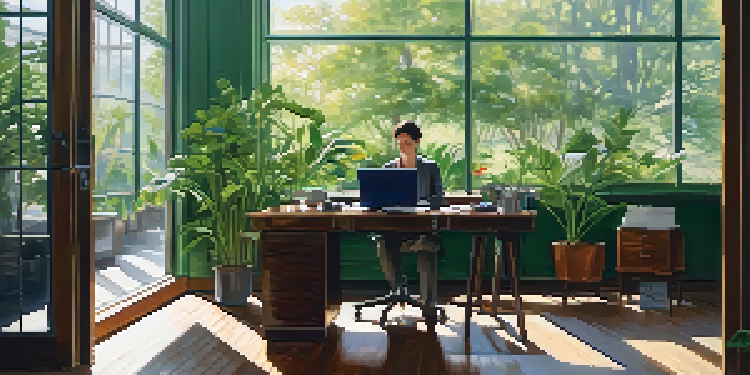 A person at a desk in a bright, plant-filled office, looking thoughtful amidst a peaceful atmosphere.