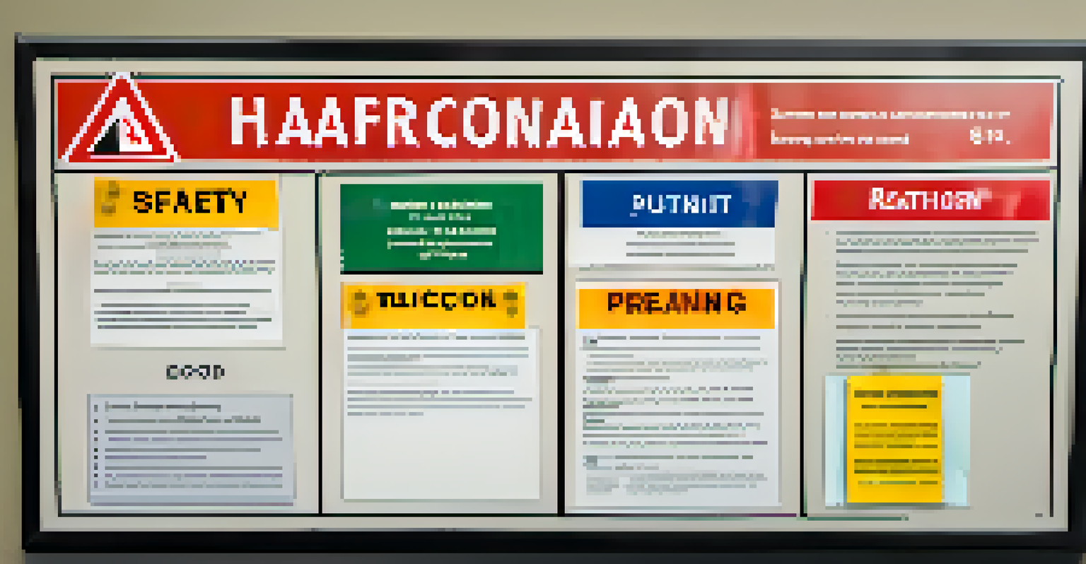 A close-up view of a hazard communication board displaying safety data sheets and hazard labels in an office environment.