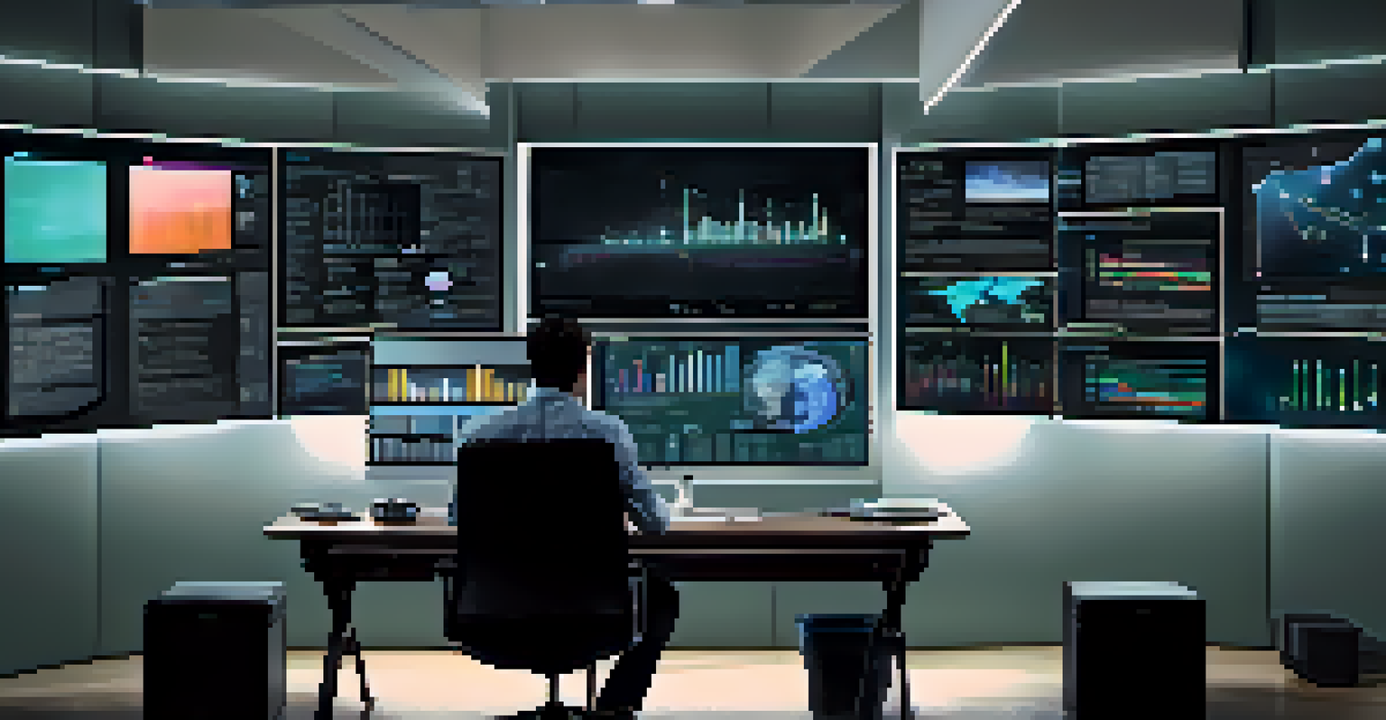 An individual using multiple screens for data analysis in a modern workspace filled with digital tools.