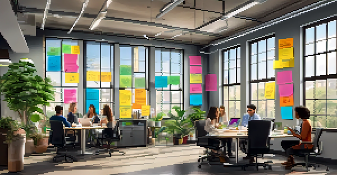 A diverse group of employees collaborating in a bright office space, surrounded by sticky notes and laptops.