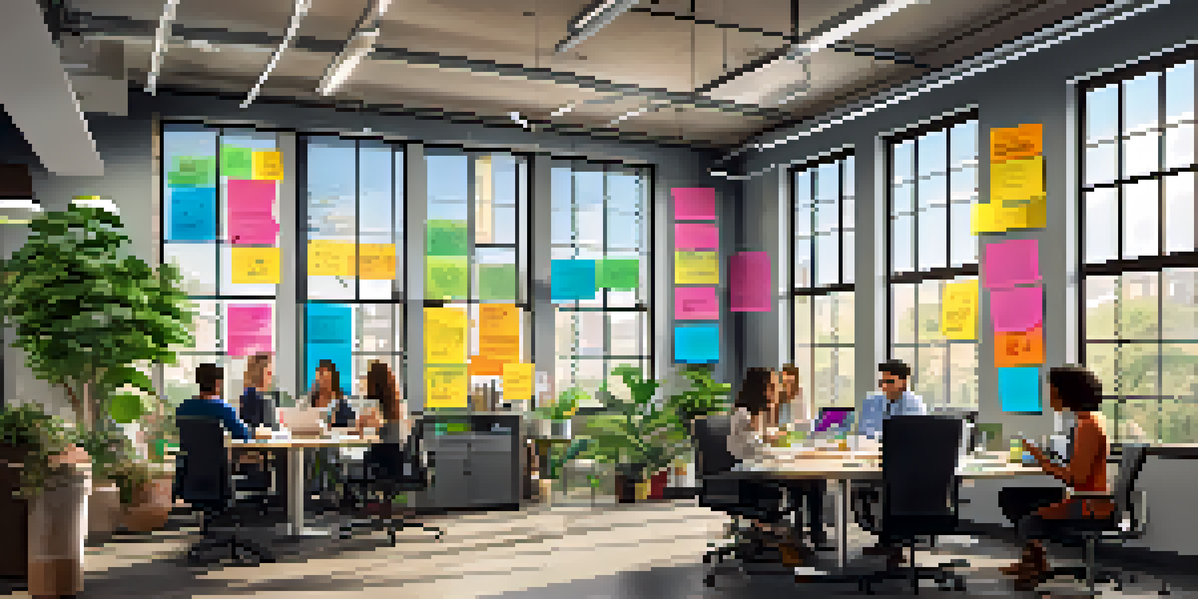 A diverse group of employees collaborating in a bright office space, surrounded by sticky notes and laptops.