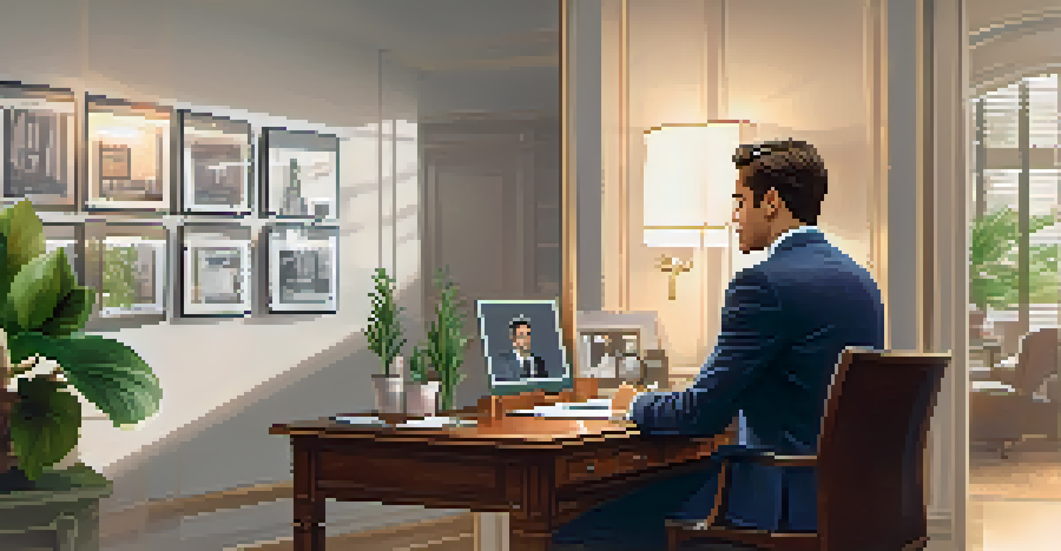 A person practicing for a salary negotiation in front of a mirror, surrounded by a well-organized home office.