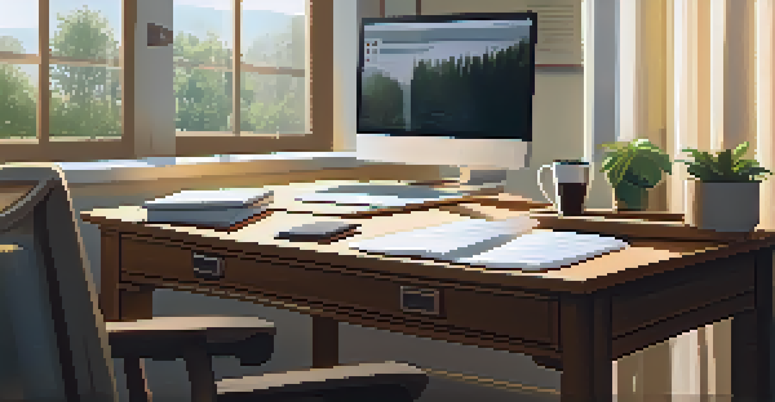 A peaceful workspace with a desk, notepad, coffee cup, and an open laptop showing a job description, illuminated by sunlight.