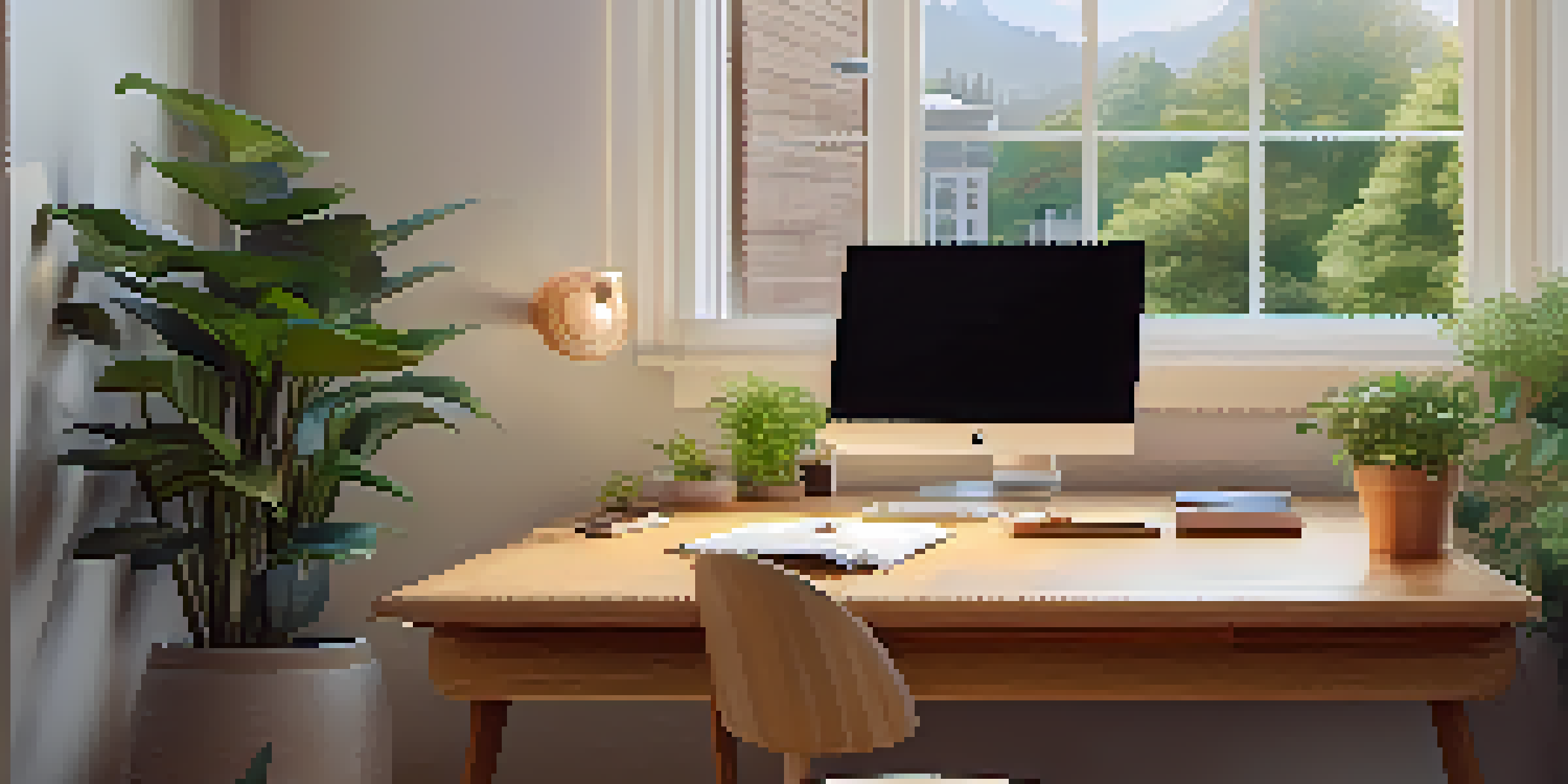A bright and organized office with a wooden desk, laptop, notepad, coffee cup, and a plant, illuminated by natural light from a large window.