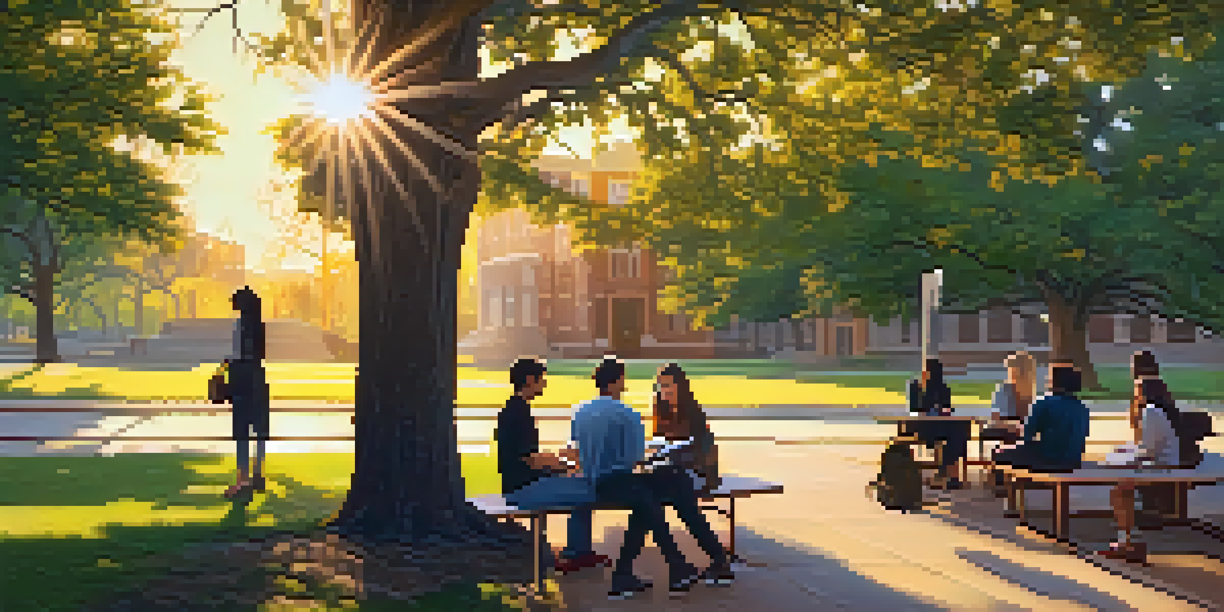 A diverse group of students sitting under a tree on a college campus, engaged in a career coaching session during sunset.