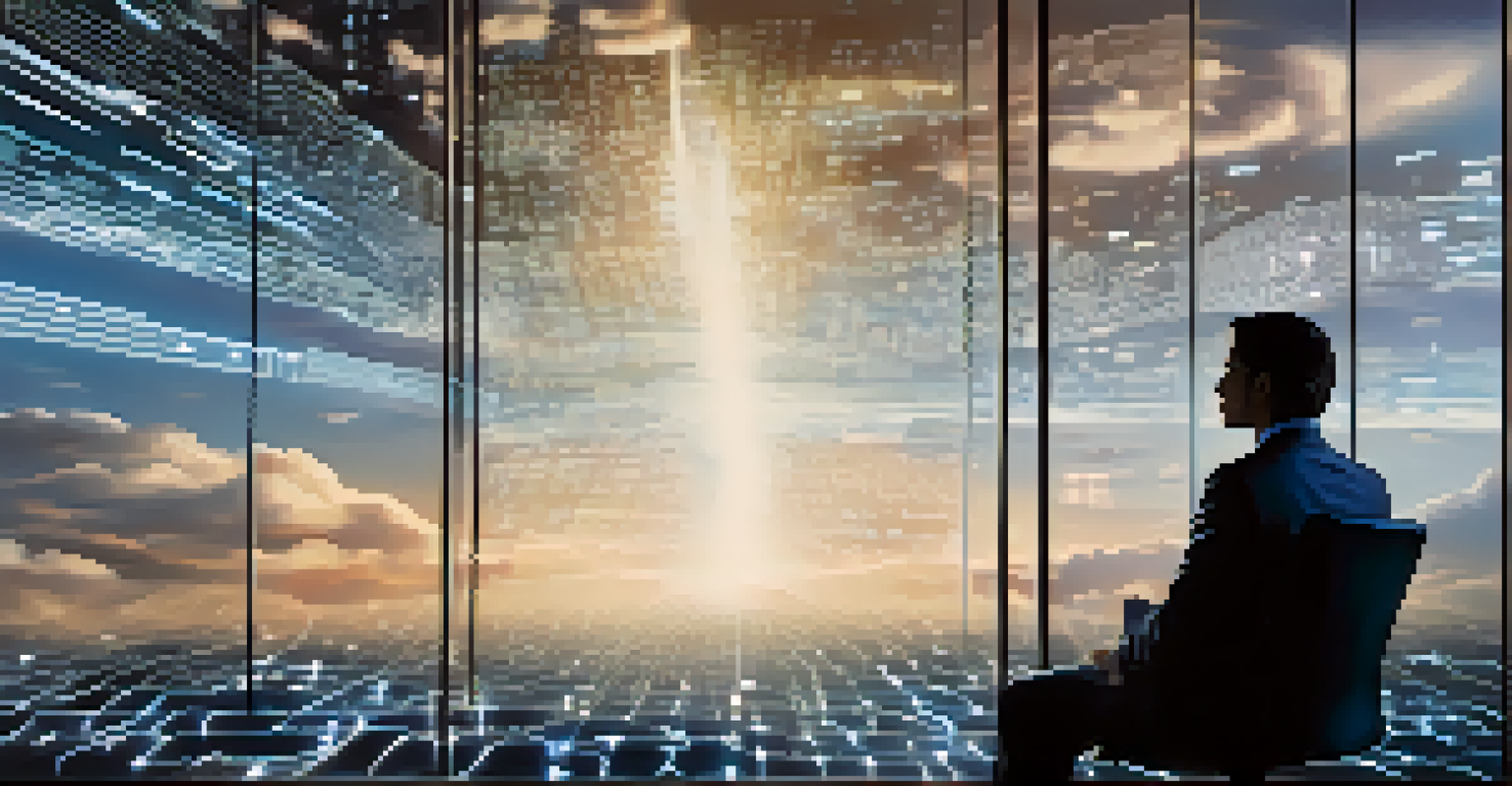 An abstract representation of cloud technology with binary clouds and glowing data streams.