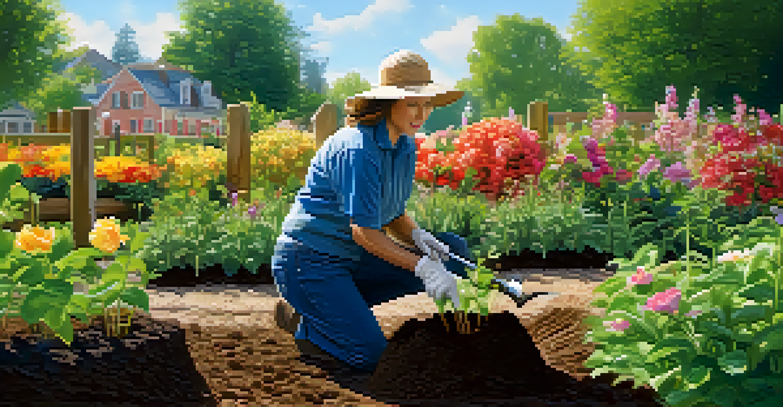 A volunteer planting trees in a community garden, surrounded by vibrant flowers and greenery, in a peaceful and sunny atmosphere.