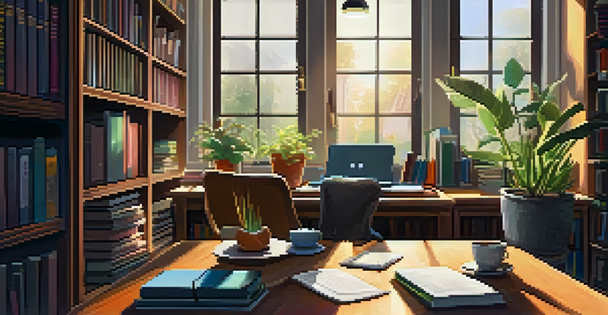 A person studying at a desk with a laptop, books, and coffee, illuminated by sunlight from a window.