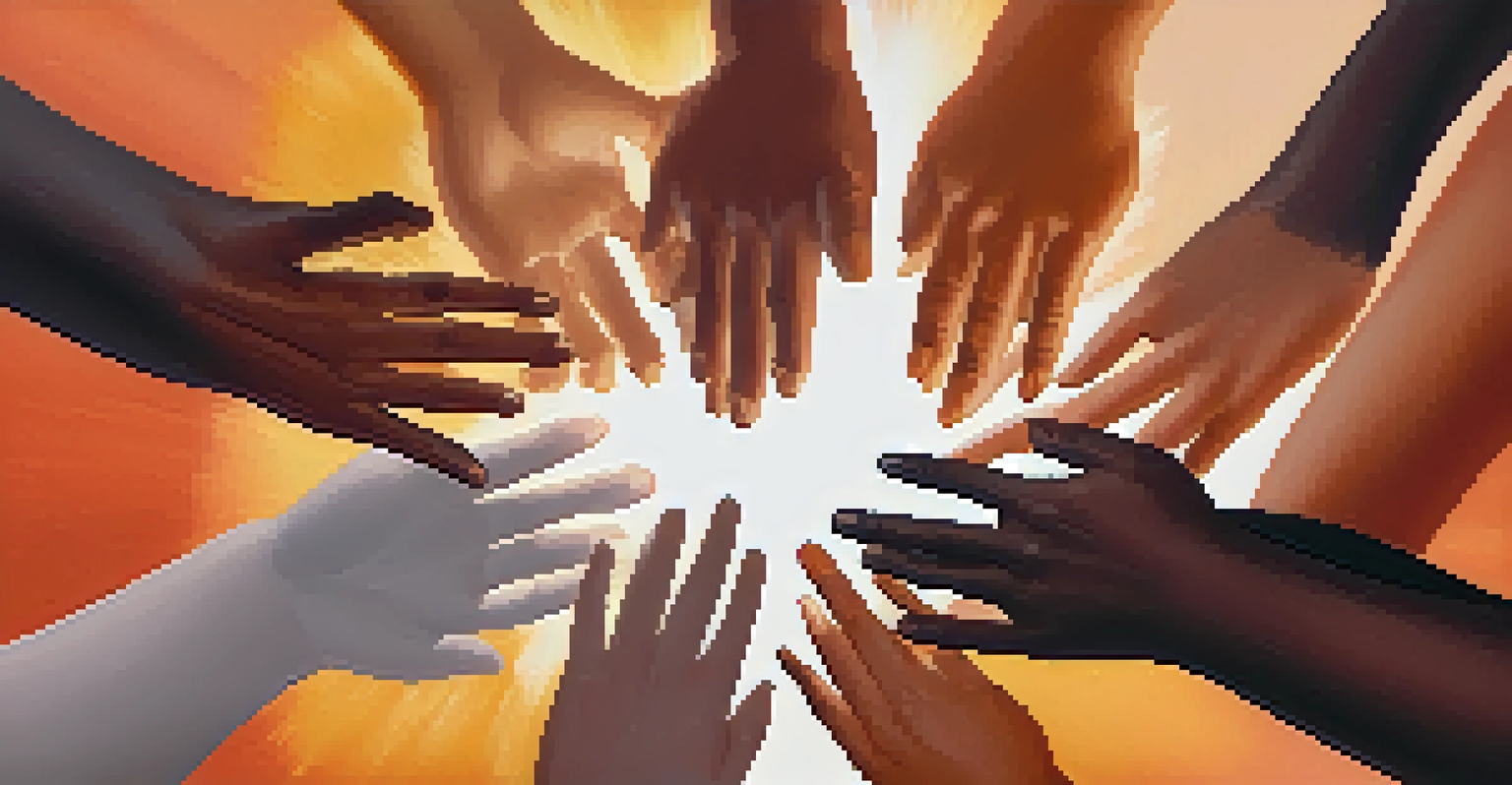 Hands of various skin tones reaching out in unity against a warm gradient background.