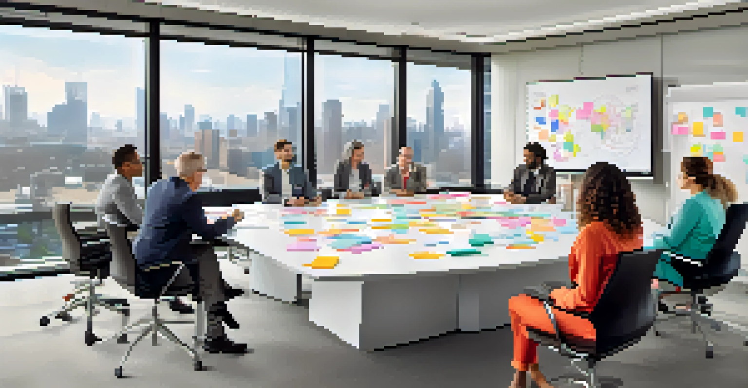 A diverse group of professionals in a conference room, collaborating around a glass table with sticky notes and a whiteboard, overlooking a city view through large windows.