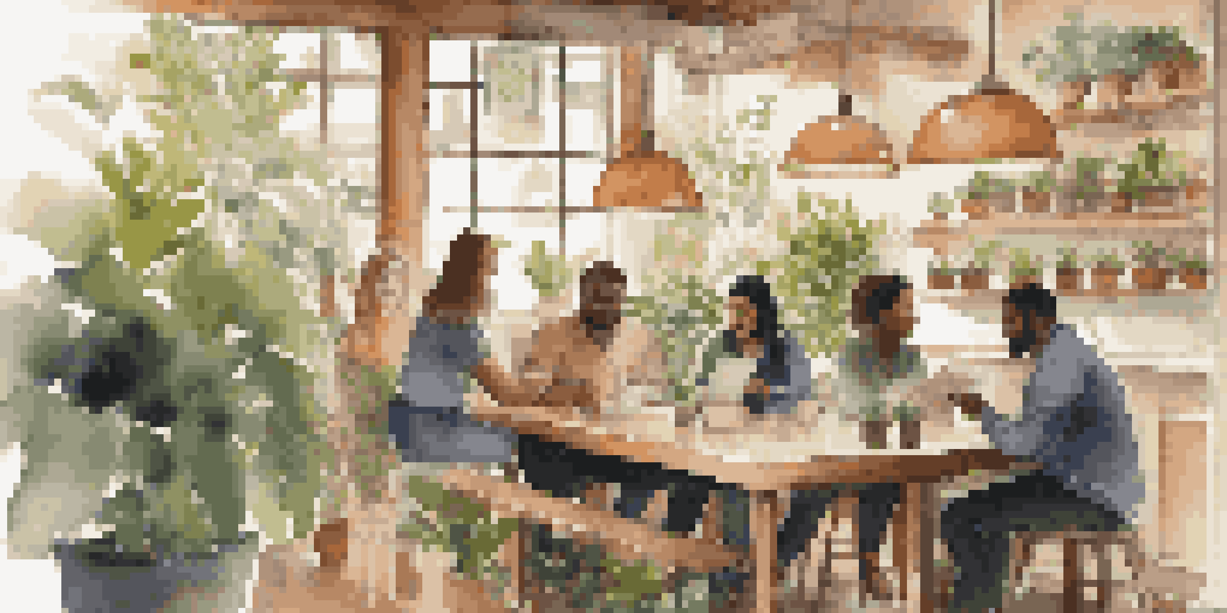 A diverse group of professionals in a coffee shop, sharing ideas and collaborating over a wooden table with plants around.