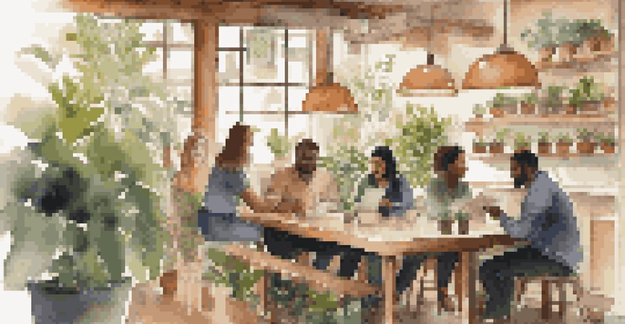 A diverse group of professionals in a coffee shop, sharing ideas and collaborating over a wooden table with plants around.