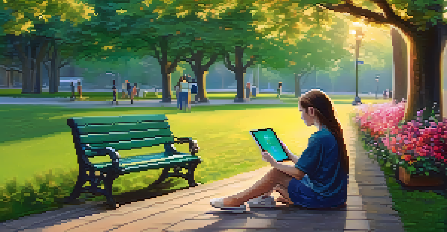 A person sitting on a park bench using a tablet for online learning, surrounded by greenery and flowers, with a sunset in the background.