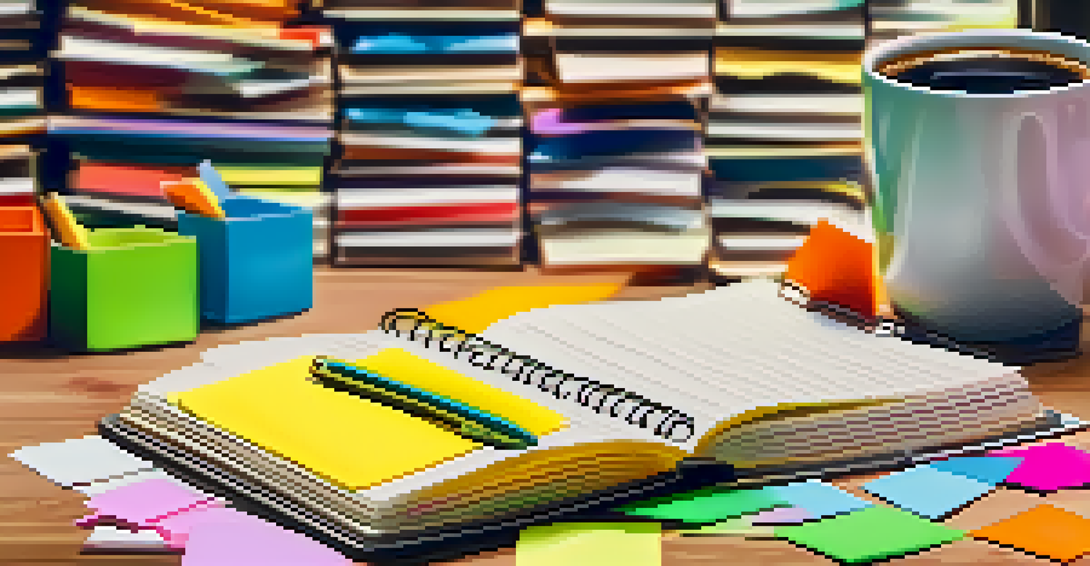 An open notebook and pen surrounded by colorful sticky notes and a cup of coffee, with a blurred bookshelf in the background.