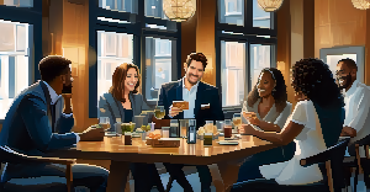 A diverse group of professionals networking in a cozy setting, exchanging business cards and chatting, with warm lighting.