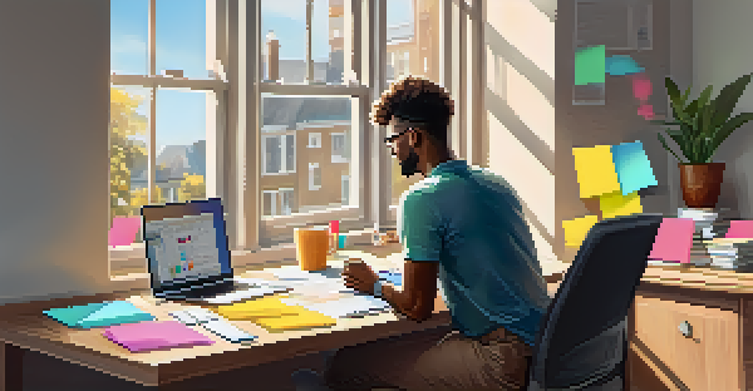 A person at a desk learning digital skills on a laptop, with sticky notes and coffee, in a bright workspace.