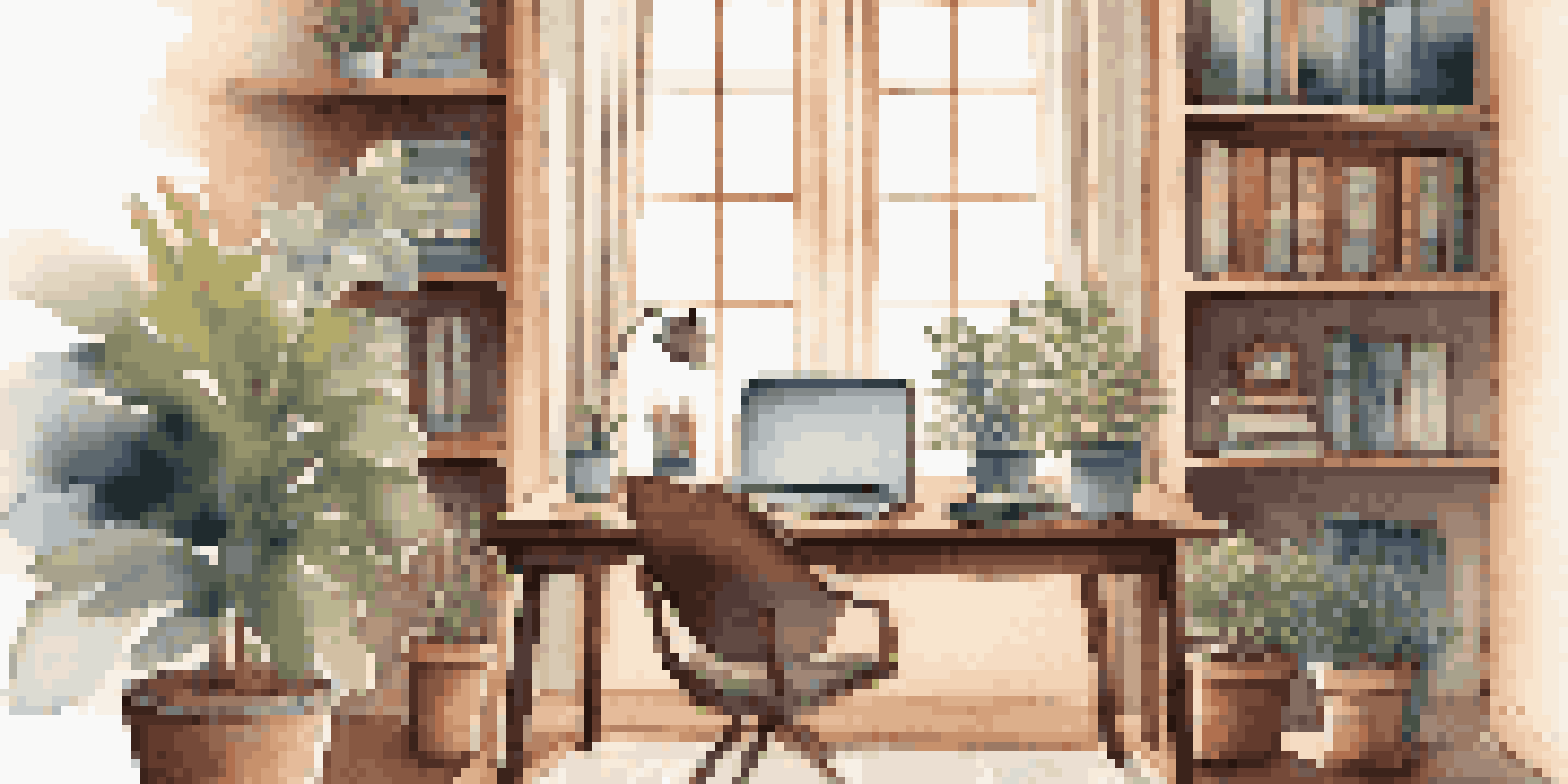 A cozy home office with a wooden desk, laptop, and potted plant, illuminated by soft natural light from a window.