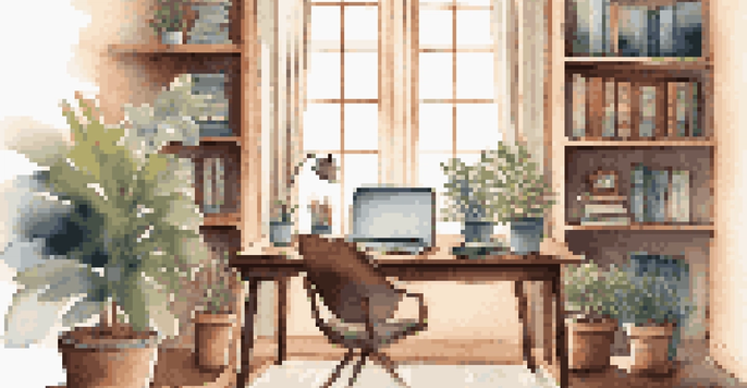 A cozy home office with a wooden desk, laptop, and potted plant, illuminated by soft natural light from a window.