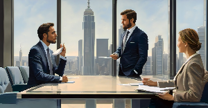 A woman in a navy suit and a man in a gray suit engaged in a professional negotiation at a conference table, with a city skyline visible through large windows.