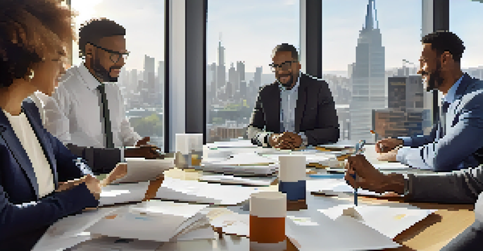 A diverse group of professionals discussing around a table in a modern office, with city skyline visible through large windows.