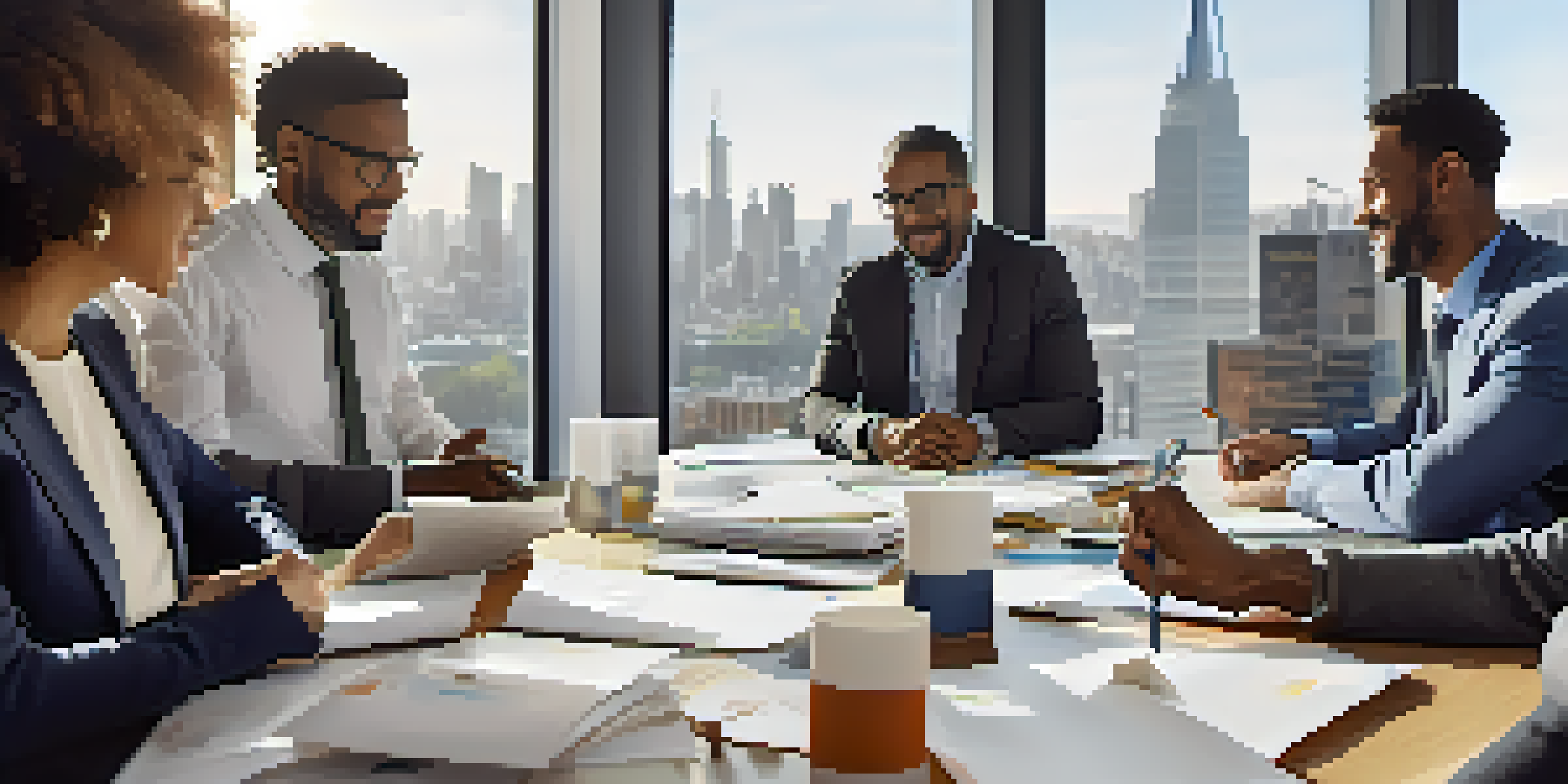 A diverse group of professionals discussing around a table in a modern office, with city skyline visible through large windows.