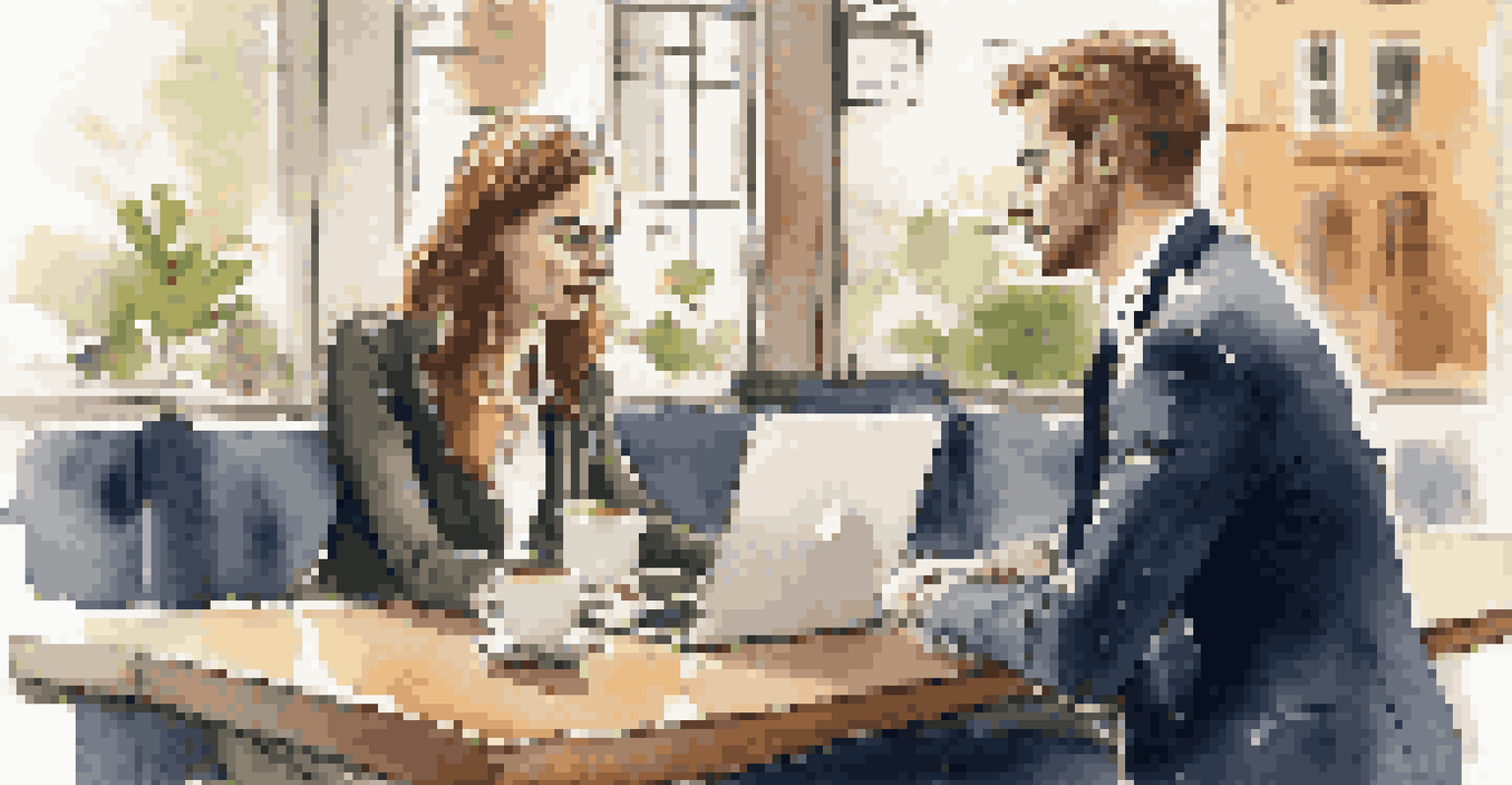 A young professional practicing a mock interview in a coffee shop, looking confident with notes and a laptop on the table.