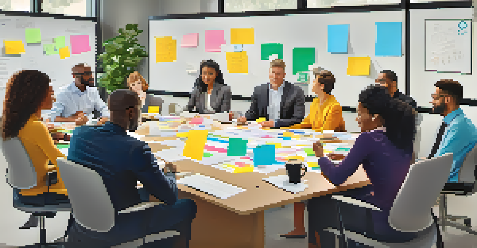 A diverse group of professionals collaborating at a conference table with sticky notes and laptops, showcasing teamwork.