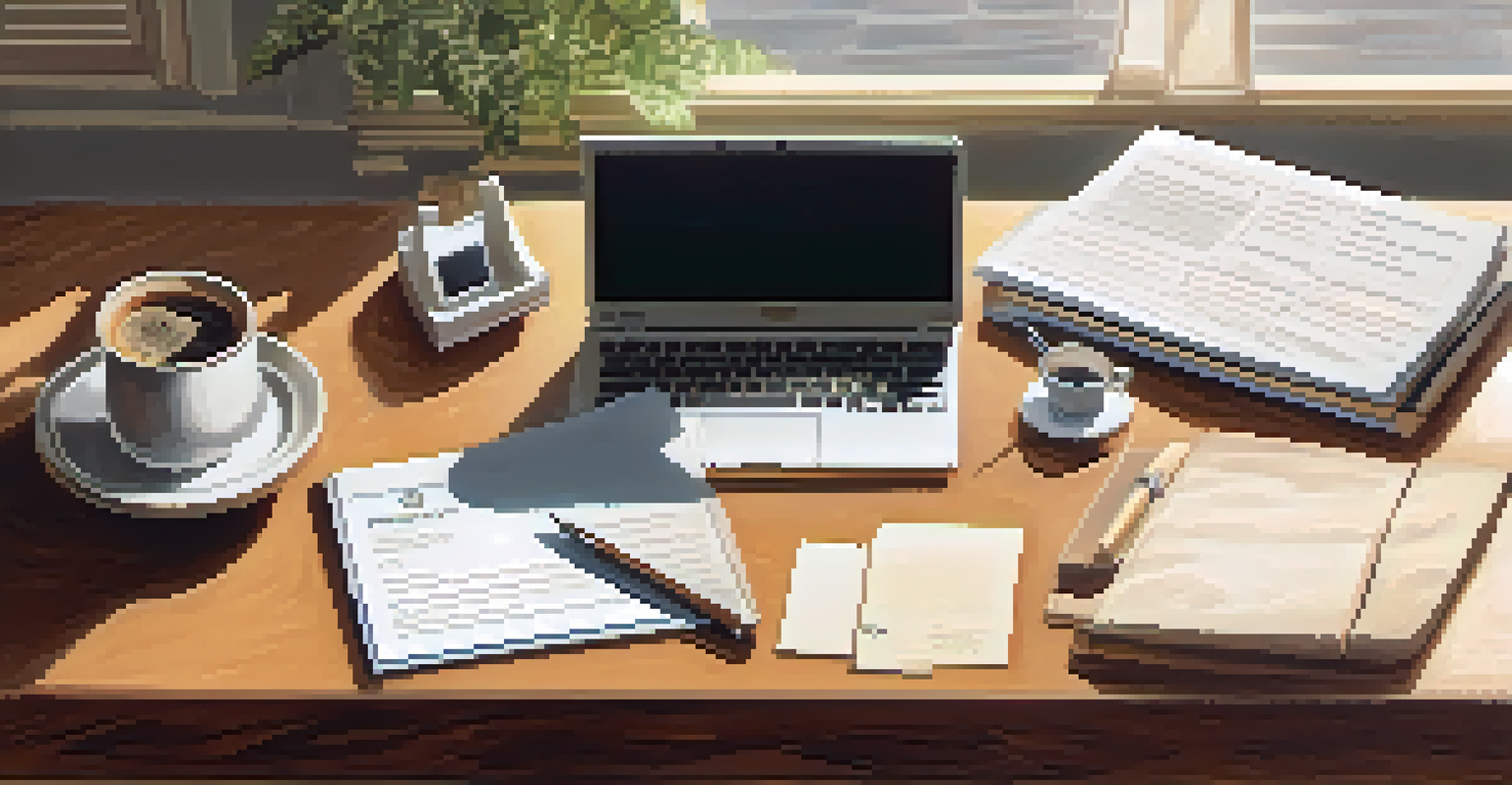 An organized desk with a resume, notebook, and coffee, illuminated by natural light.