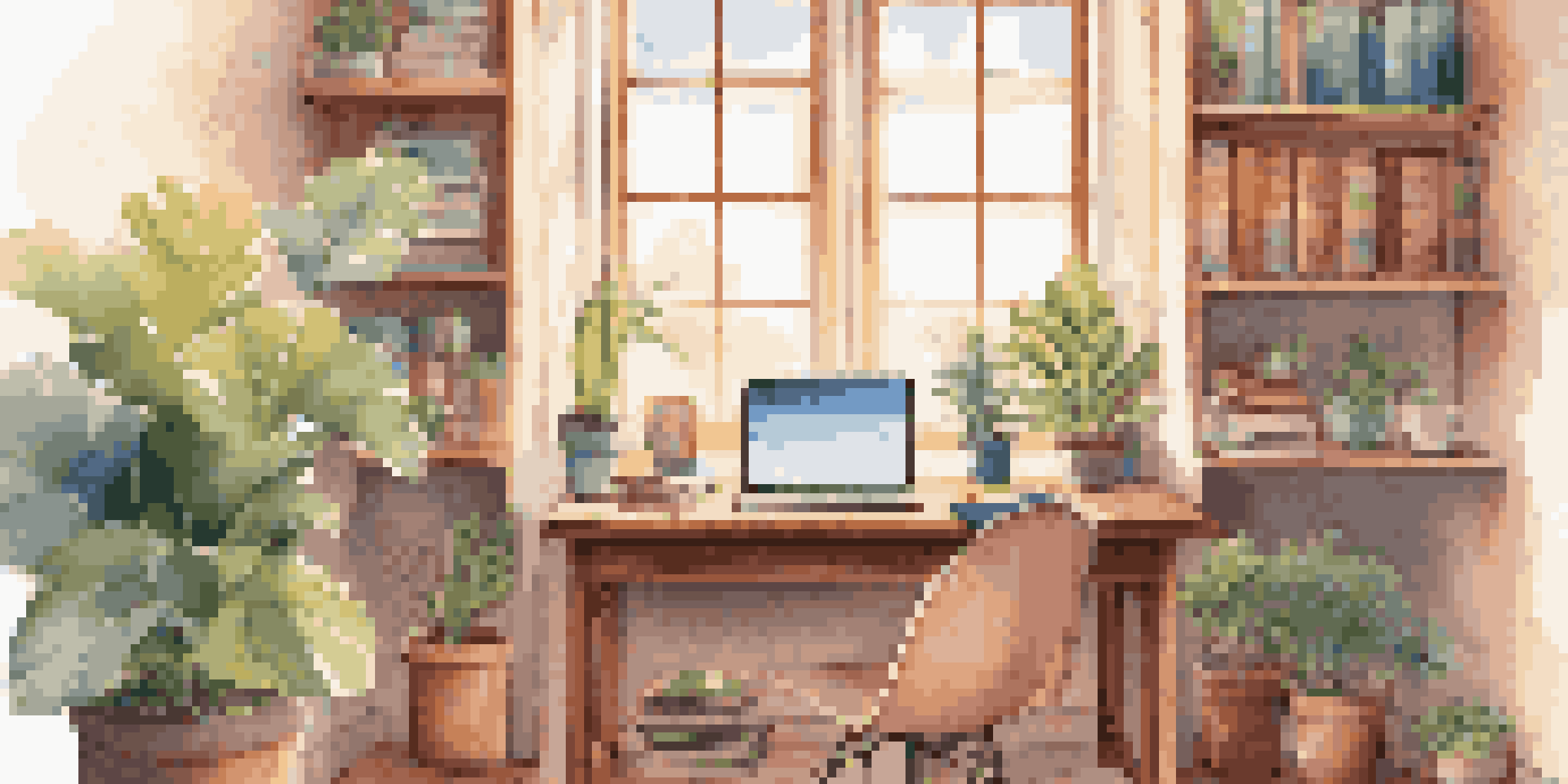 A cozy study area with a desk, laptop, books, and a plant, illuminated by sunlight from a window.