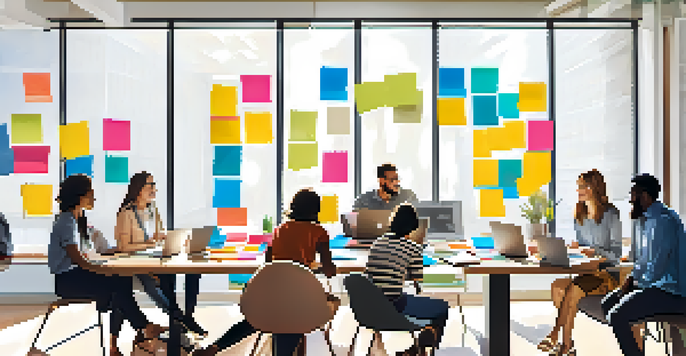 A diverse group of people collaborating in a bright modern office, sharing ideas with post-it notes and laptops.