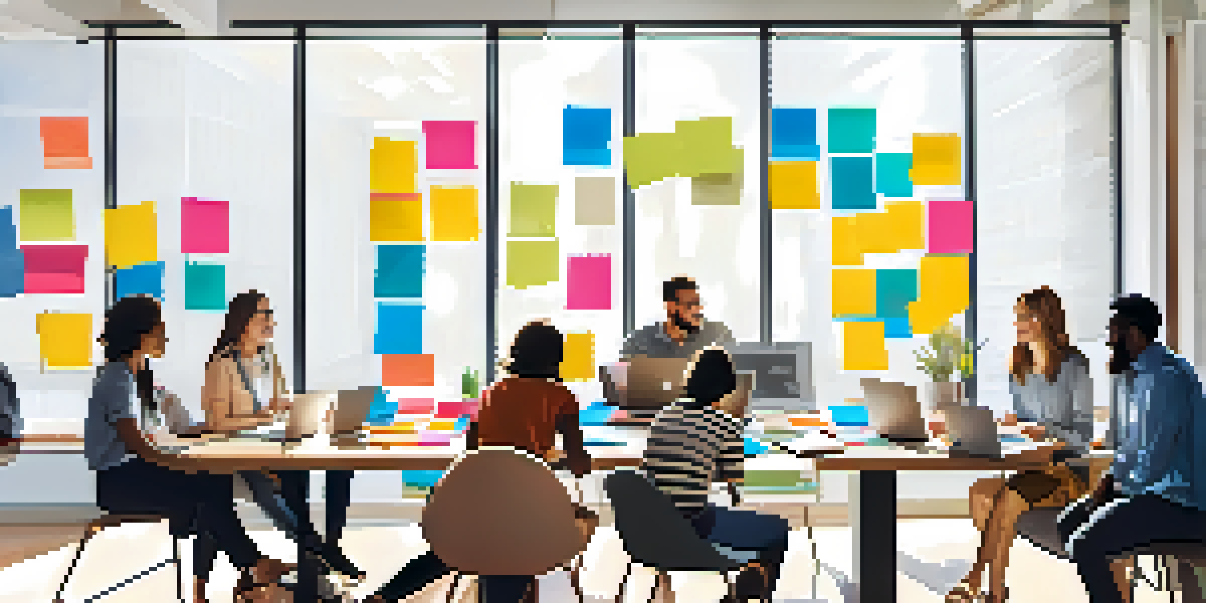 A diverse group of people collaborating in a bright modern office, sharing ideas with post-it notes and laptops.
