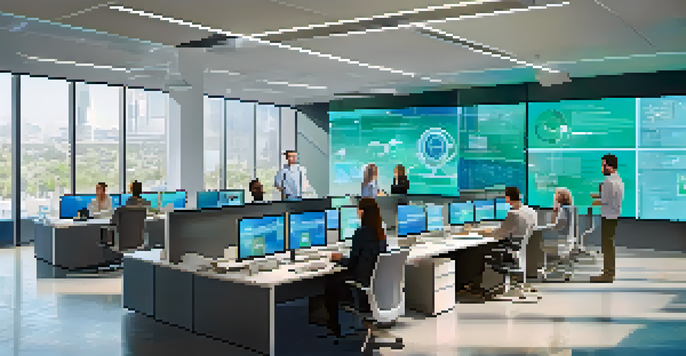 A bright and modern office where diverse professionals collaborate on an AI project, with digital screens displaying analytics.