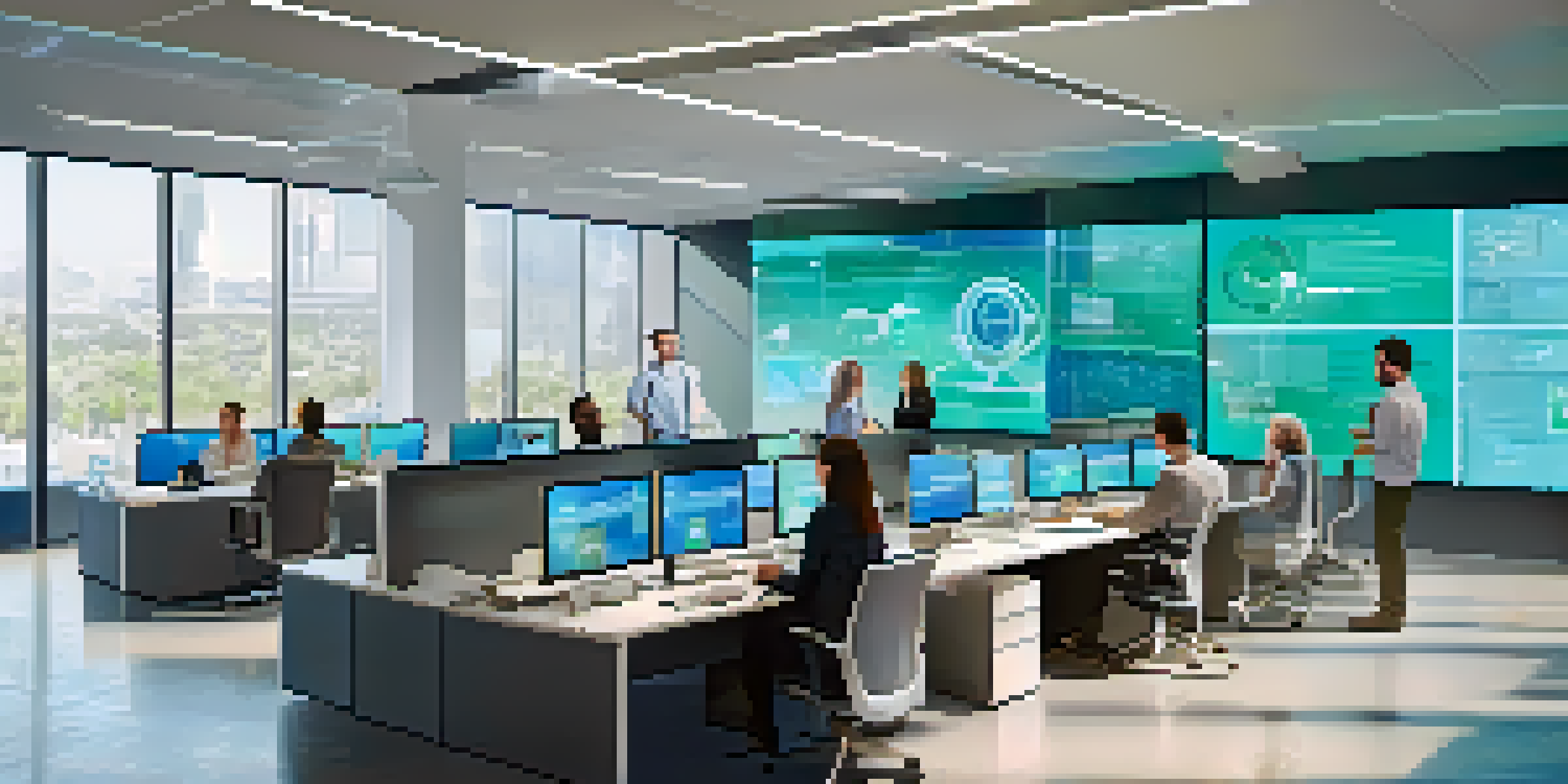 A bright and modern office where diverse professionals collaborate on an AI project, with digital screens displaying analytics.