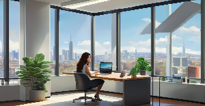 A professional woman working on her laptop in a modern office, with LinkedIn displayed on the screen and a city view in the background.