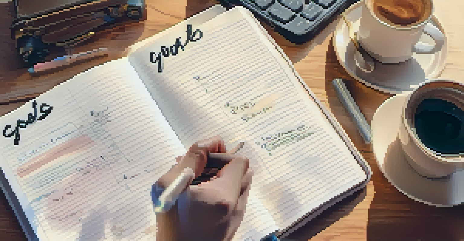 A hand writing goals in a planner with a cup of coffee and a laptop on a cozy desk.