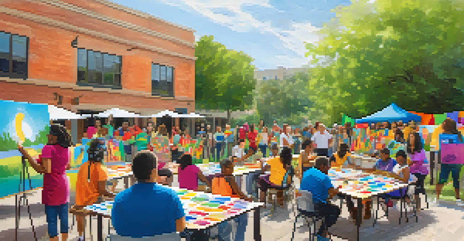 A diverse group of participants engaged in a team-building workshop outdoors with art supplies.